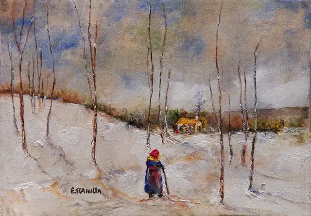 Lady Walking with Cane in Snow by Alberto Escamilla