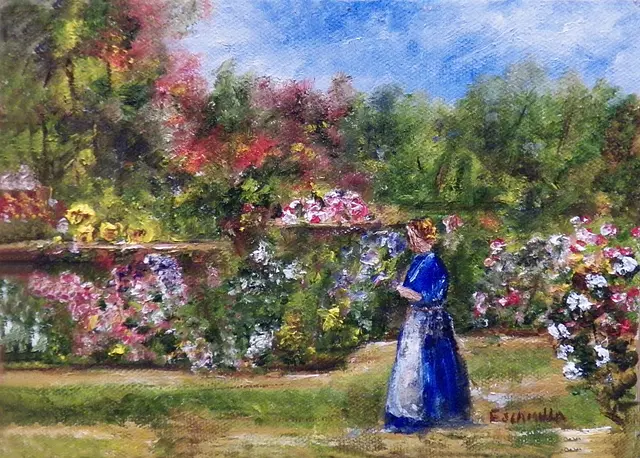 Lady in Blue Walking in Garden by Alberto Escamilla