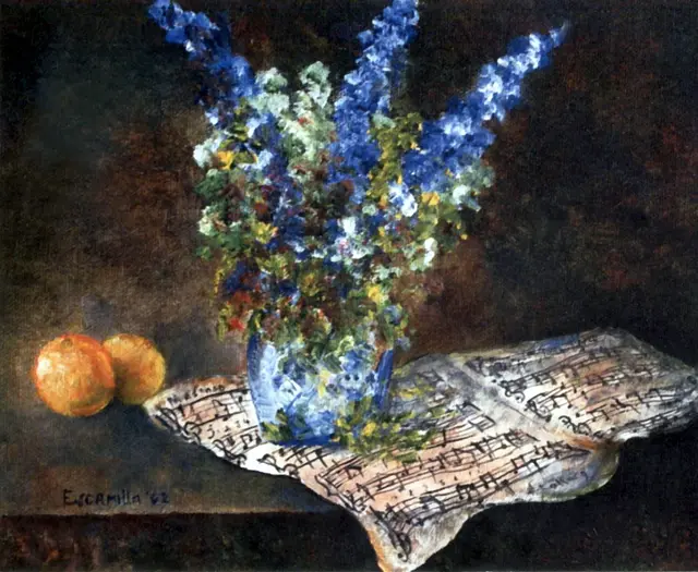 Vase of Flowers on Sheet Music by Alberto Escamilla