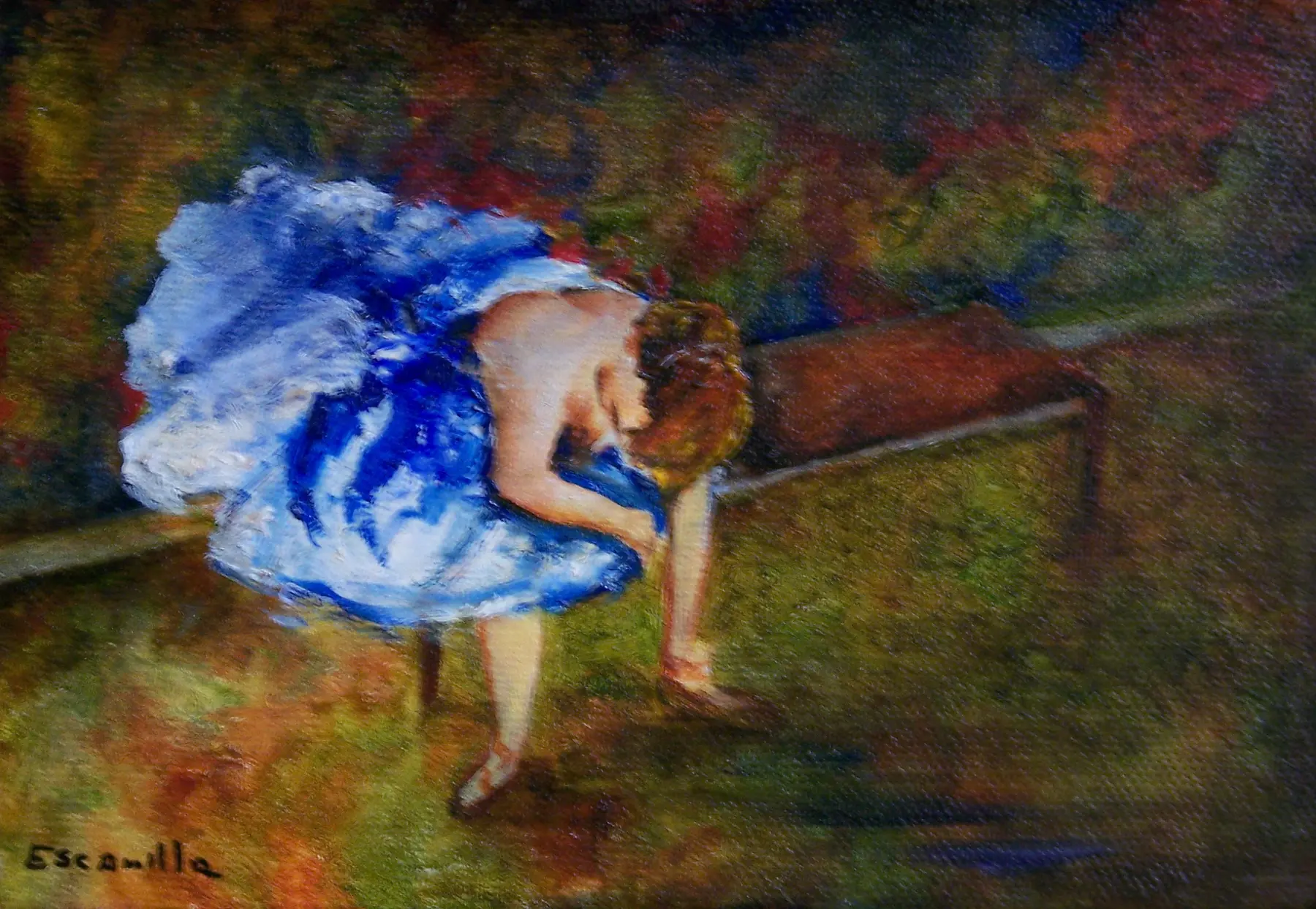Ballerina in Blue Stretching II on Bench by Alberto Escamilla