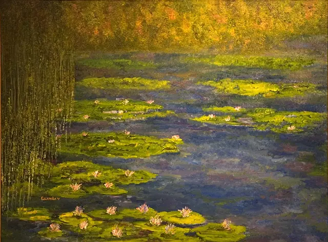 Water Lilies with Weeping Willow on Left by Alberto Escamilla